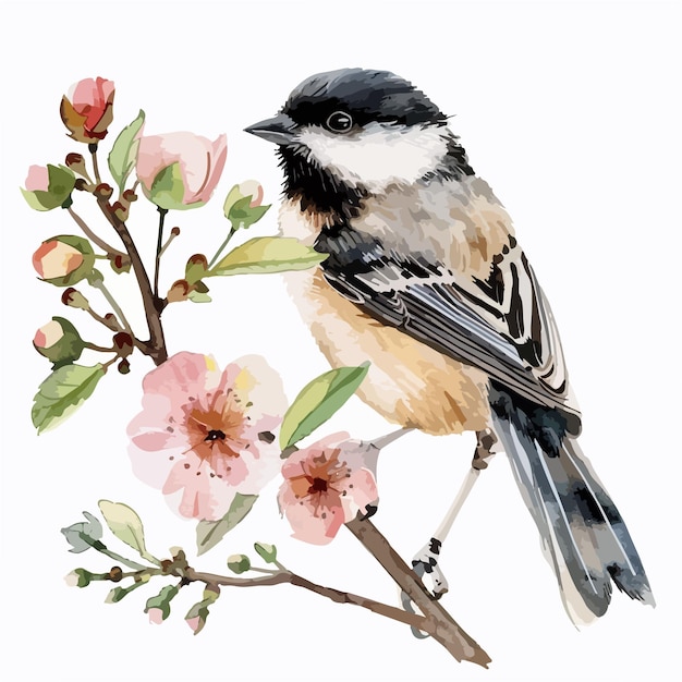 Chickadee Floral Handdrawn Watercolor Illustration