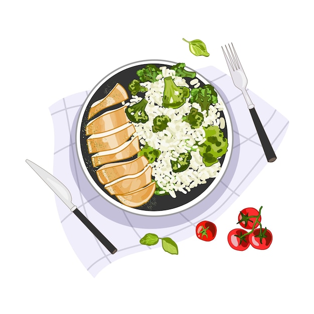 Chicken breast with rice and broccoli on a plate top view vector illustrationHealthy food concept