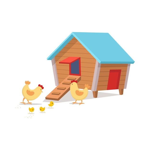 Chicken coop with chickens hen house cartoon vector illustration