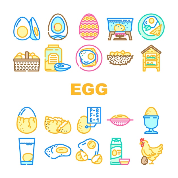 chicken egg farm brown icons set vector hen organic poultry food easter chick basket nest isolated product cooking chicken egg farm brown color line illustrations