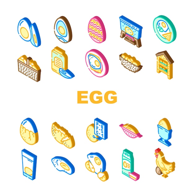 chicken egg farm brown icons set vector hen organic poultry food easter chick basket nest isolated product cooking chicken egg farm brown isometric sign illustrations