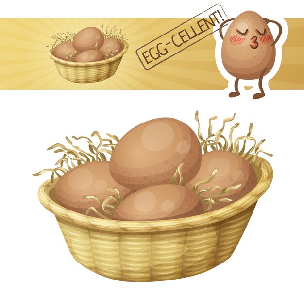 Vector chicken eggs in basket icon vector illustration with cute cartoon egg charatcer