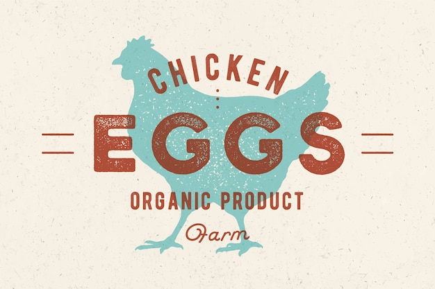 Vector chicken eggs. vintage hand drawn logo, retro print,  with shilouette chicken, rooster.