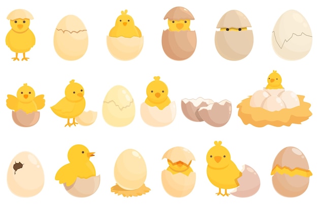 Chicken hatching icons set cartoon vector Egg nest