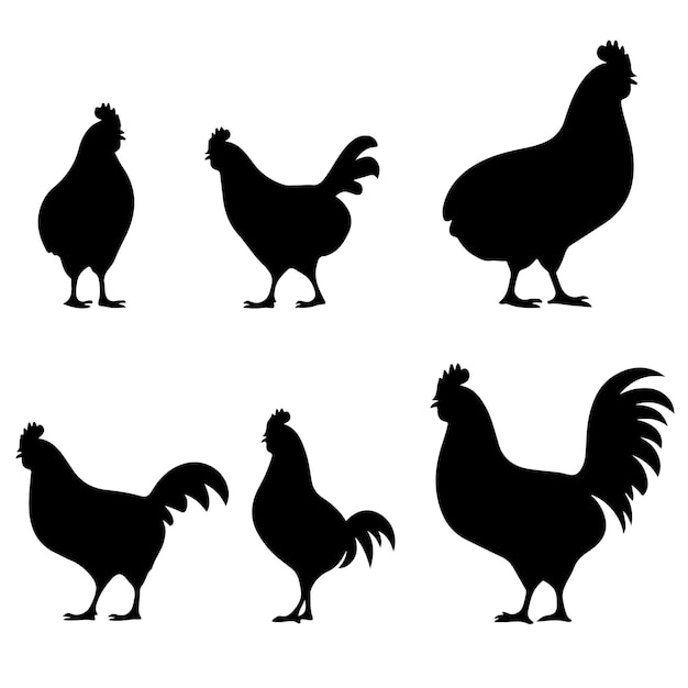 Chicken hen roosters cockerel silhouette vector collection