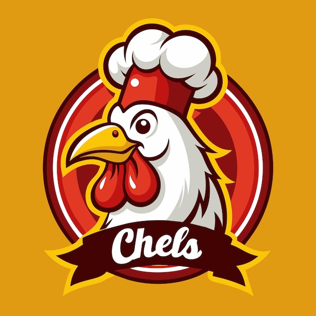 a chicken logo with a red hat on it