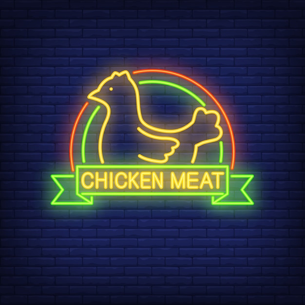 Chicken meat neon sign. Hen with colorful arches and text on scroll. 