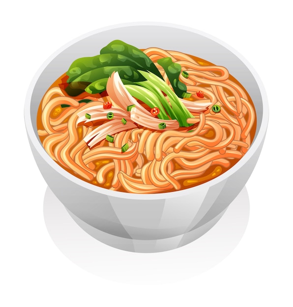 Chicken noodle soup with vegetables in a white bowl vector illustration