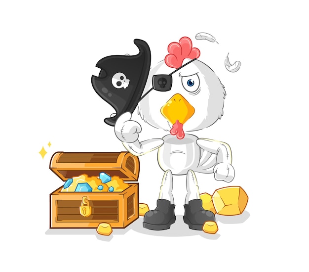 Chicken pirate with treasure mascot cartoon vector