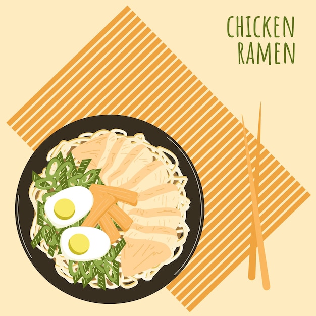 Chicken ramen soup with chopsticks on bamboo placemat poster