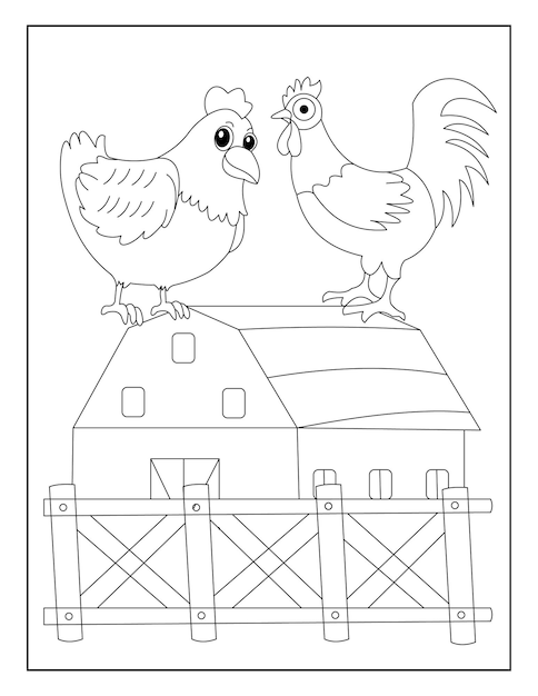 Chicken and rooster Coloring page with background