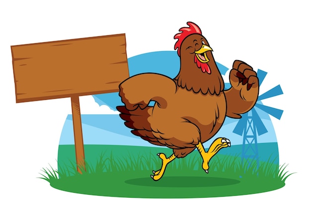 Chicken running in the farm with cartoon style