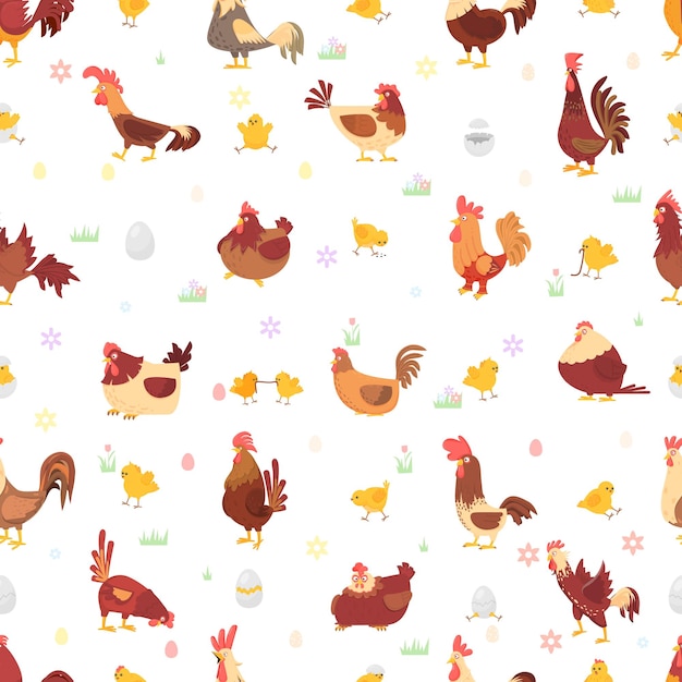 Chicken seamless pattern Farm birds chickens and rooster spring design Easter eggs and chicks domestic animals Rustic decent vector print