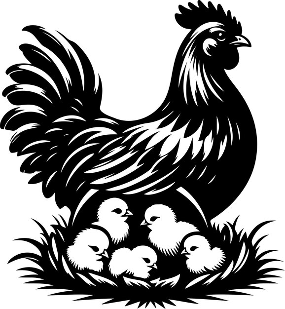 Vector chicken shilhouette vector with baby chickens shilhouette vector