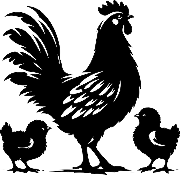 Vector chicken shilhouette vector with baby chickens shilhouette vector