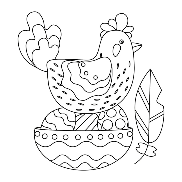 A chicken sits on Easter eggs with ornaments and feathers Line art