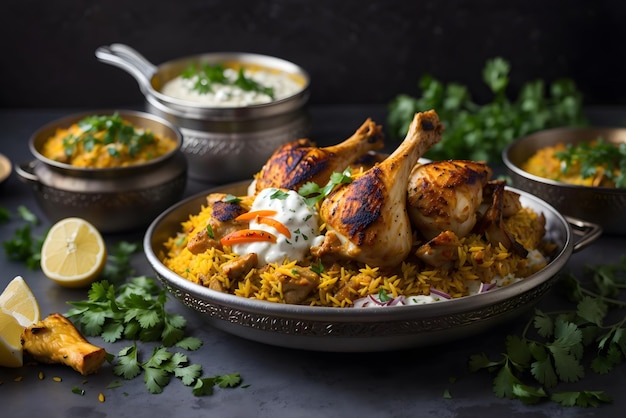 Vector chicken thigh and rice biryani with green peas