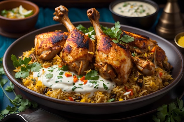 Vector chicken thigh and rice biryani with green peas