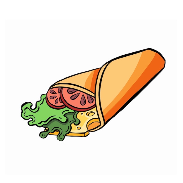 Chicken vegetables roll fast food meal Doner gebab shawarma flat cartoon Arabic eastern food Buritto taco  mexican food Vector illustration