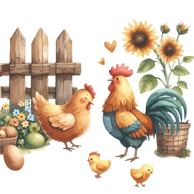 Chicken watercolor illustration Happy family Illustration for greeting cards