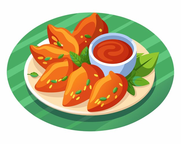 Vector chicken wings in the asian style and tomatoes sauce on plate in white background