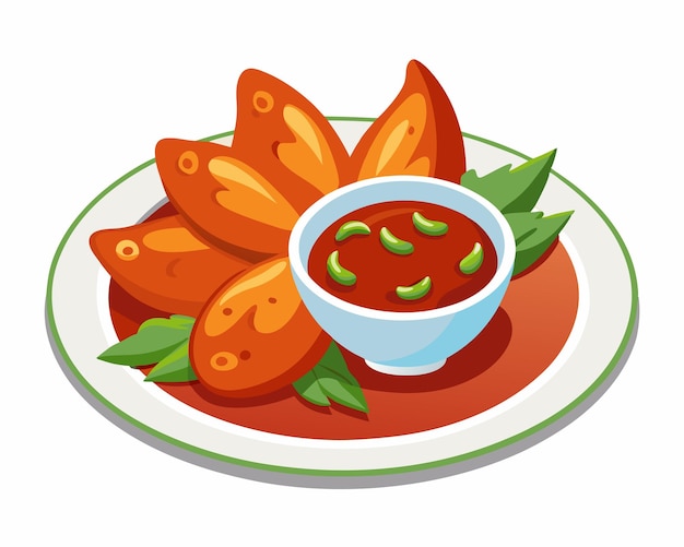 Vector chicken wings in the asian style and tomatoes sauce on plate in white background