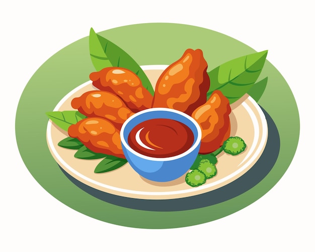 Vector chicken wings in the asian style and tomatoes sauce on plate in white background