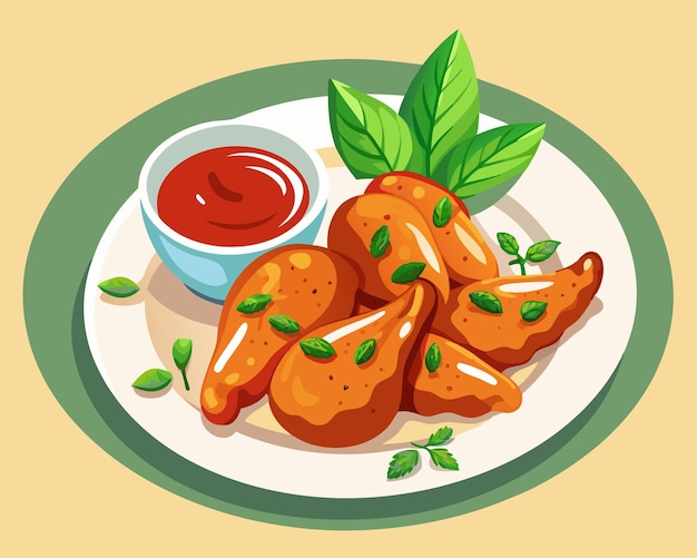 Vector chicken wings in the asian style and tomatoes sauce on plate in white background