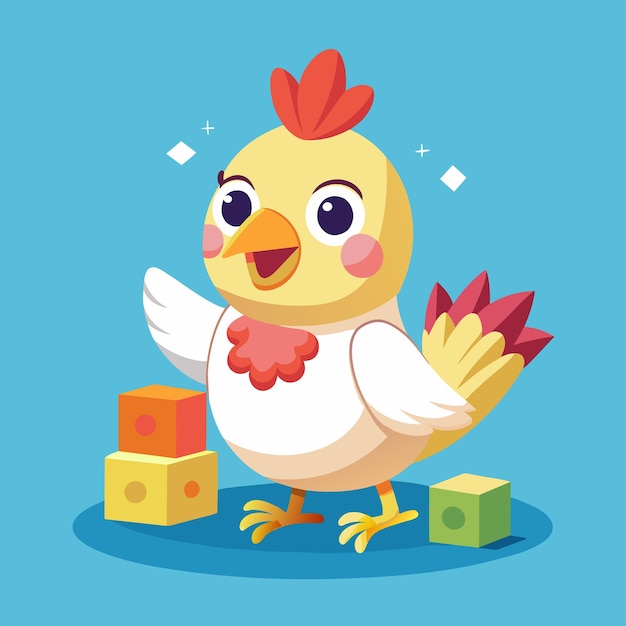 a chicken with a red head and a white shirt with a red ribbon around it