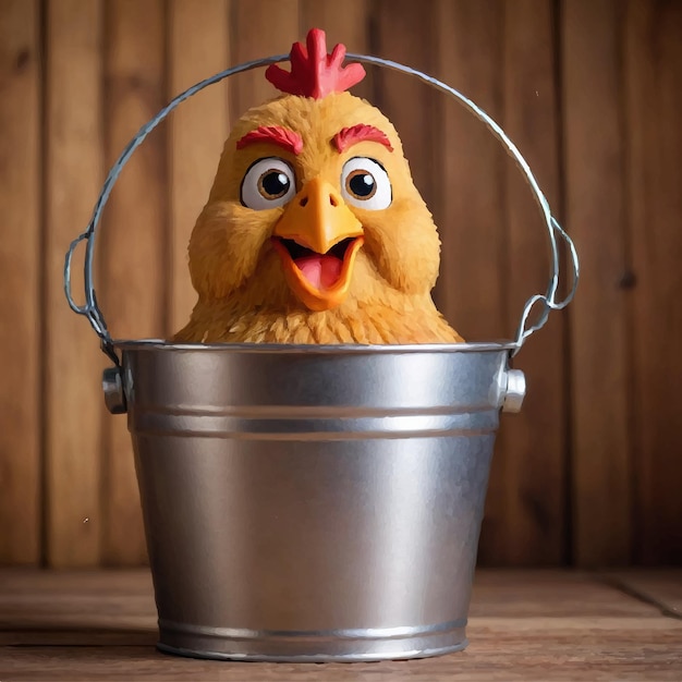 Vector chicken with a rooster head is standing in a bucket