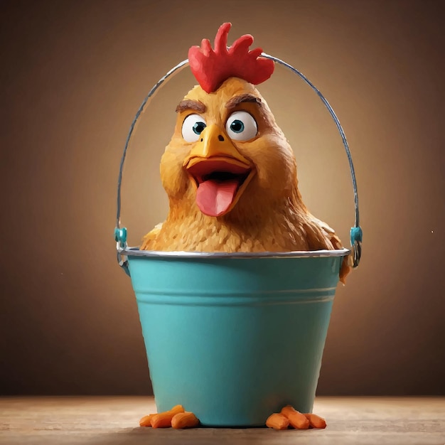 Vector chicken with a rooster head is standing in a bucket