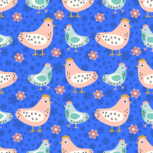 Chickens on a blue background Easter pattern