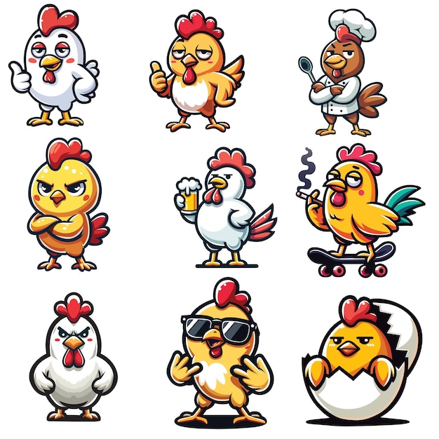 chickens Cartoon illustration Vector Set