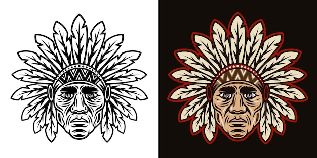 Chief head native american in traditional indian headdress with feathers vector illustration in two styles black on white and colorful on dark background