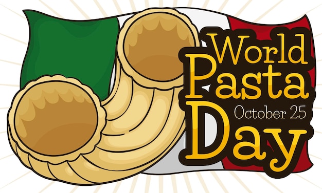 Chifferi rigati pasta also called gomiti or elbows over Italian flag promoting World Pasta Day