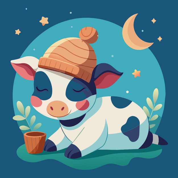 Vector chiho aoshima a pencil drawing of a cute sleeping baby cow with a nightcap vector illustration