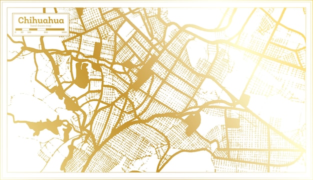 Chihuahua Mexico City Map in Retro Style in Golden Color Outline Map