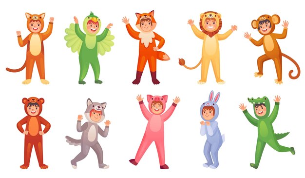 Vector child animal suit children action in cute animals carnival costumes kid disguised party funny baby cosplay of zoo mascot costumed crocodile infant ingenious vector illustration