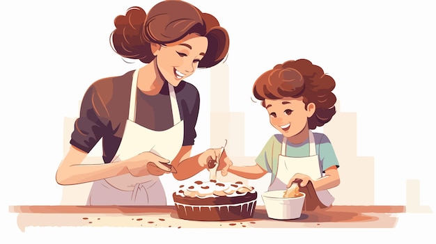 Vector child assisting parent in baking cake cute cartoon vector illustration