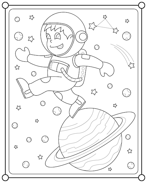 Child astronaut and planet in outer space suitable for children's coloring page vector illustration