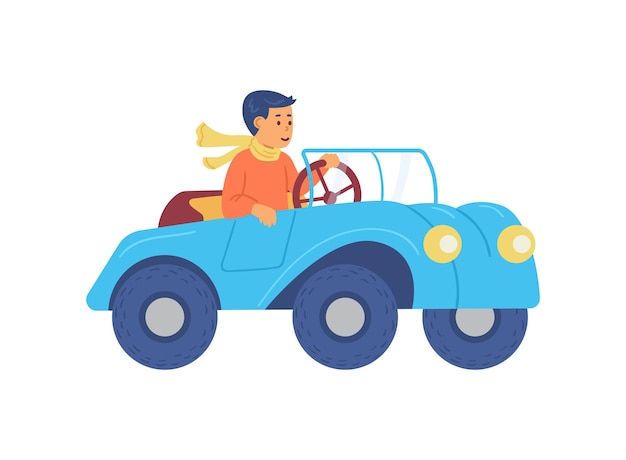 Child boy learning to drive cabriolet car flat vector illustration isolated