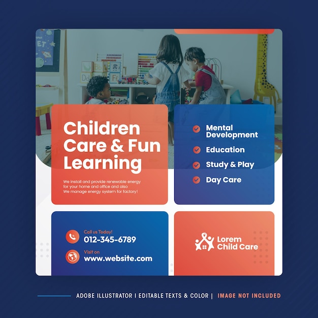 Vector child care and fun learning social media post or children day care  social media post template