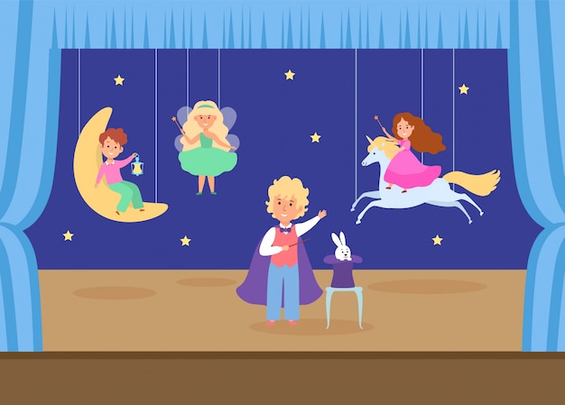 Child character play young school theatre   illustration. Children magic performance, boy conjures girl unicorn female fairy.