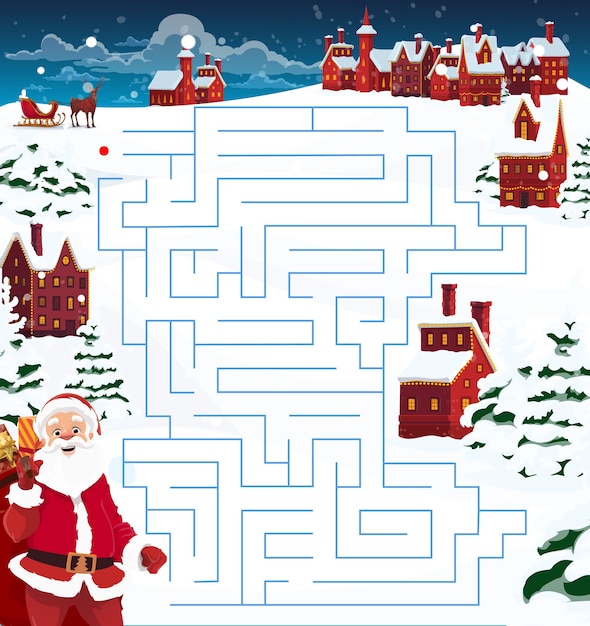 Child Christmas maze, labyrinth game template with Santa, reindeer and town. Santa Claus with sack full of gifts, deer and sleigh, houses decorated garlands and spruces covered snow cartoon