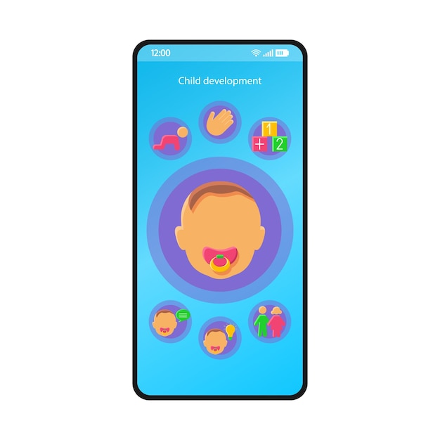 Child development smartphone interface vector template. Mobile baby tracker app page blue design layout. Baby milestones, activities tracker screen. Flat UI parenting application. Phone display