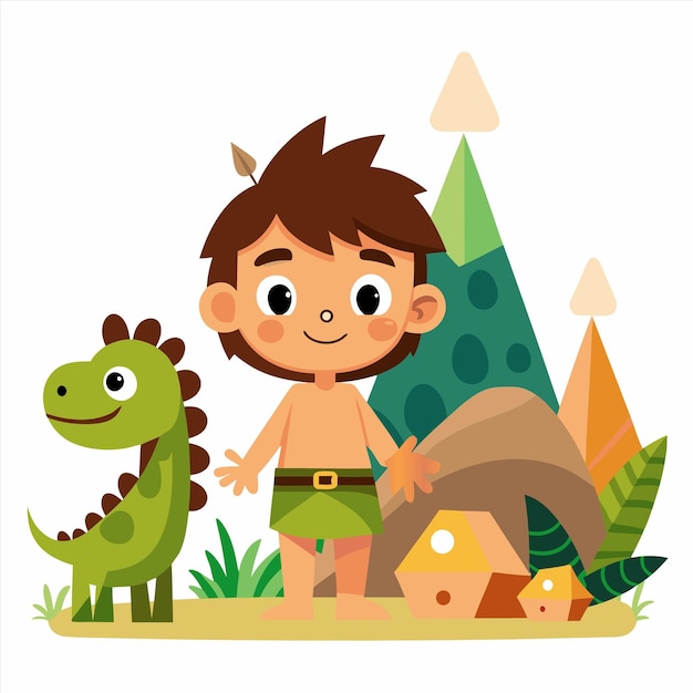 a child and dinosaur are in the grass with a dinosaur