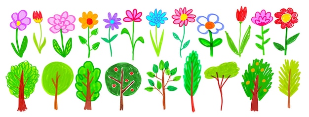 Vector child drawings of flowers and trees