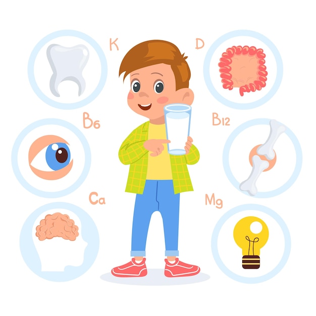 Child drink milk poster Educational banner Dairy products benefit for gut eye bone tooth and brain health Boy hold glass with healthy vitamin beverage Body organs icons Vector concept