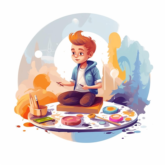 Child engrossed in painting Vector illustration