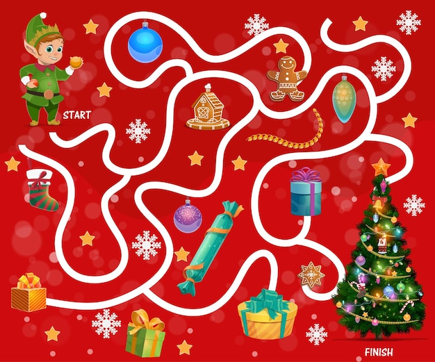 Vector child find way maze with christmas gift and sweets